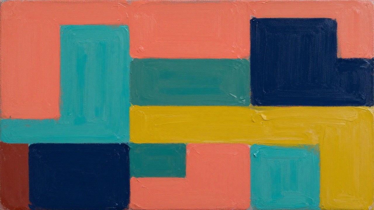 Abstract geometric painting with pink, teal, blue, and yellow rectangles