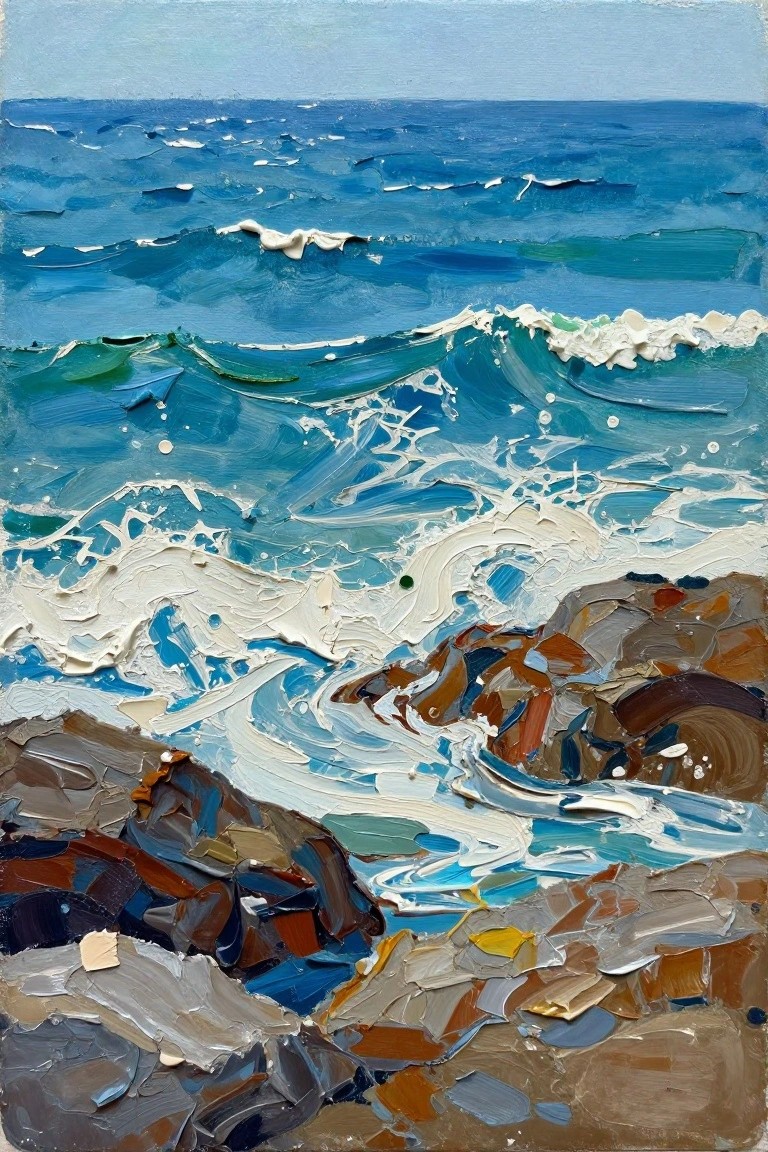 An acrylic painting of blue and white ocean waves with thick texture crashing against brown and gray rocks under a light blue sky.