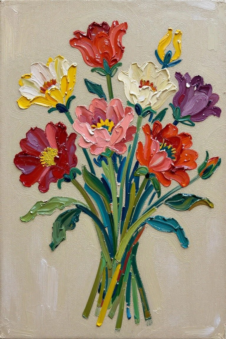 Impasto painting of vibrant multicolored flower bouquet with red, pink, yellow, and purple blooms