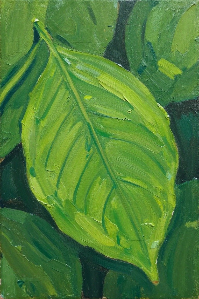 Vibrant green leaves with thick brushstrokes in various shades on canvas