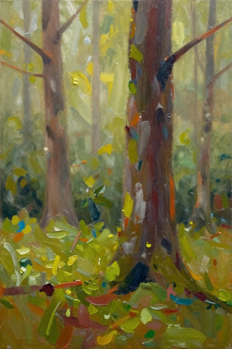 Impressionistic forest scene with tall brown trunks and vibrant scattered leaves.