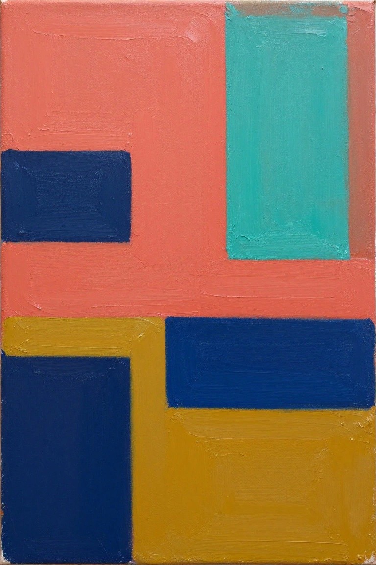 Abstract geometric painting with pink, teal, blue, and yellow rectangles