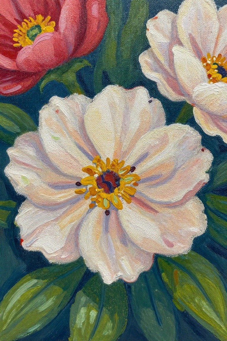 Textured painting of white flowers with yellow centers, red bloom, and green leaves.