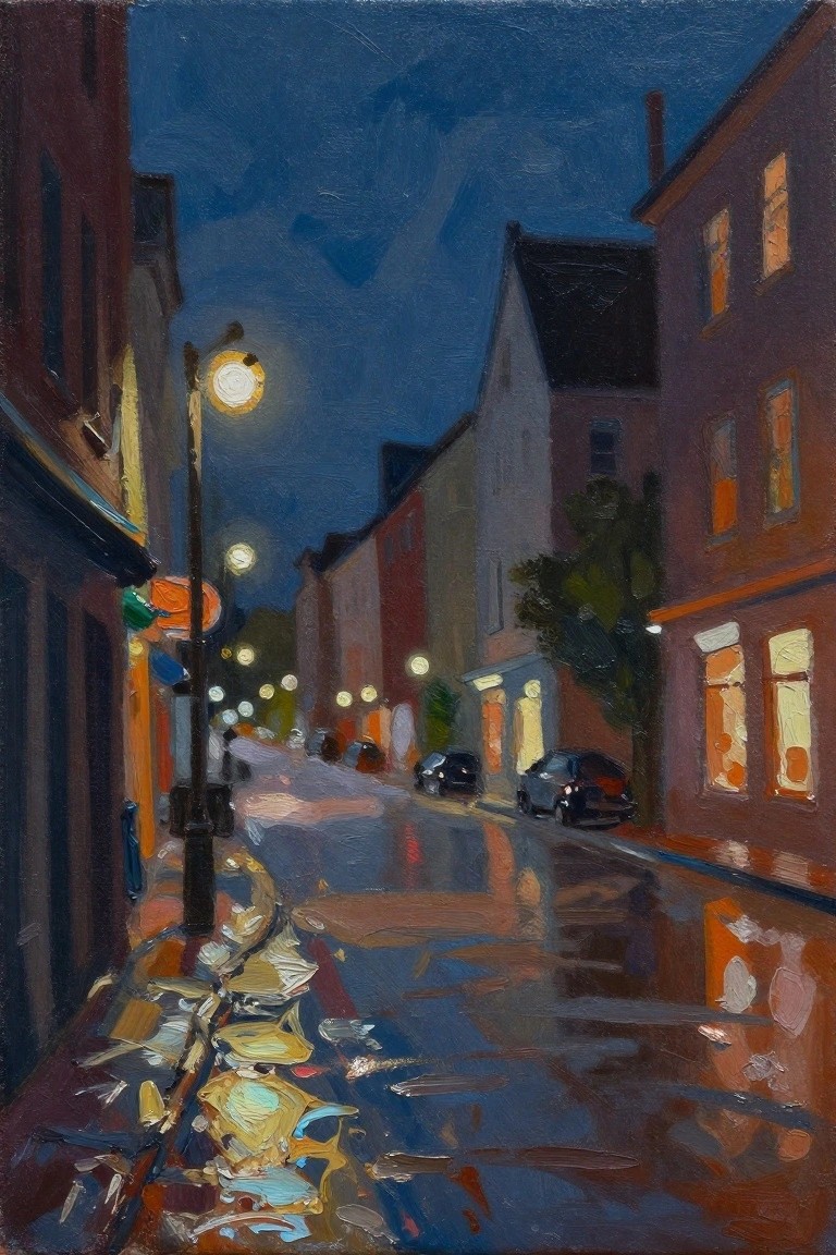Impressionistic painting of rainy night city street with glowing streetlights and wet pavement reflections.