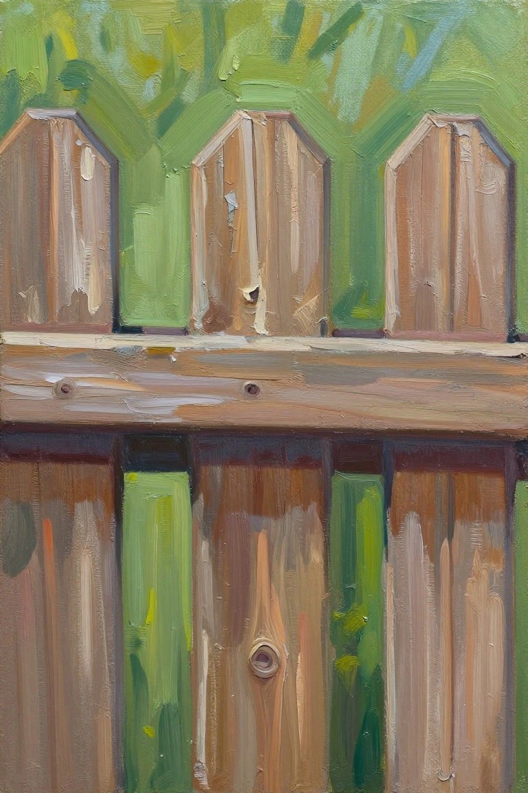 Brown wooden fence with pointed pickets and green foliage visible through gaps
