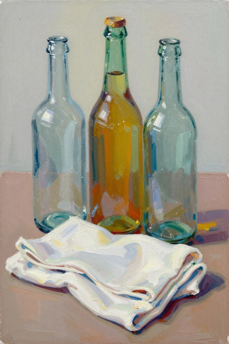 An acrylic still life painting showing three glass bottles and a white folded cloth on a flat surface.