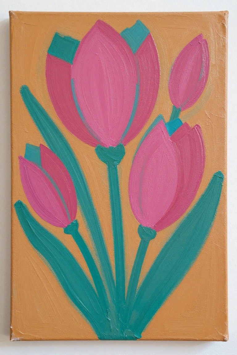 Vibrant pink tulips with teal stems and leaves on an orange canvas.