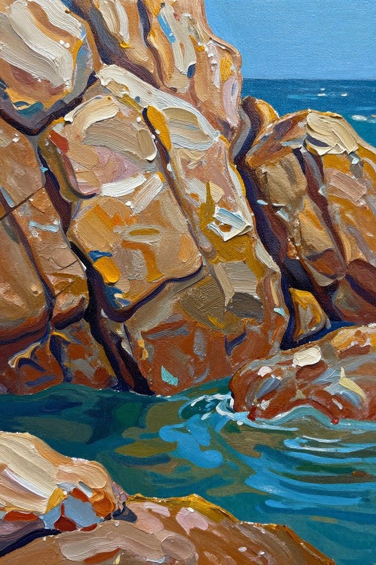 Impasto painting of rugged brown cliffs beside turquoise ocean waves.