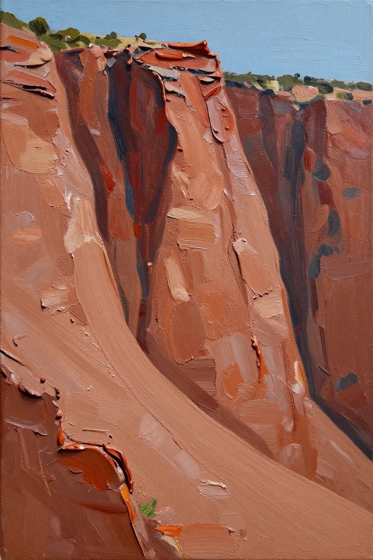 Thick impasto painting of steep reddish-brown canyon cliff under clear blue sky.