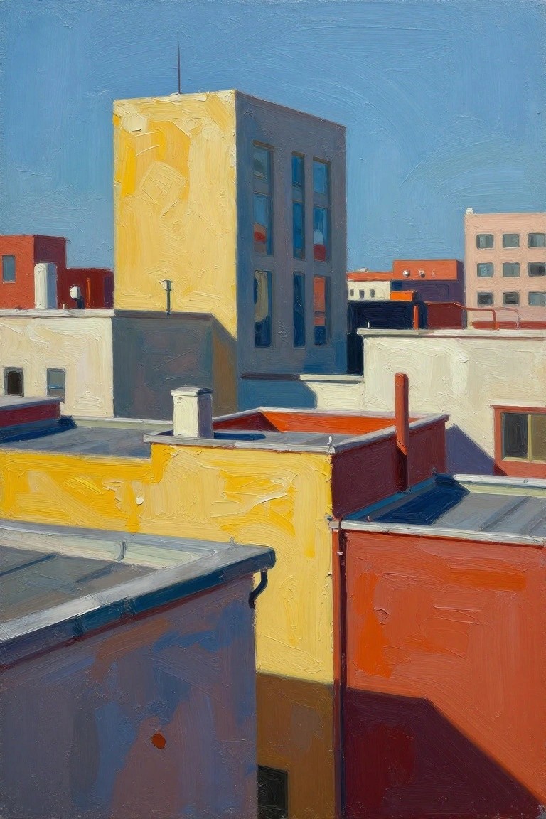 Vibrant city rooftops with yellow, red, and blue buildings under clear sky