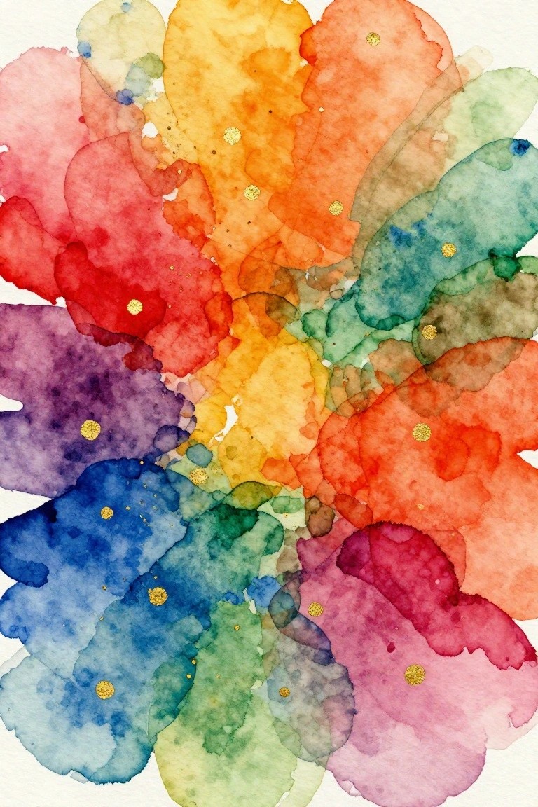 Vibrant watercolor flower with rainbow petals and scattered gold speckles in abstract style