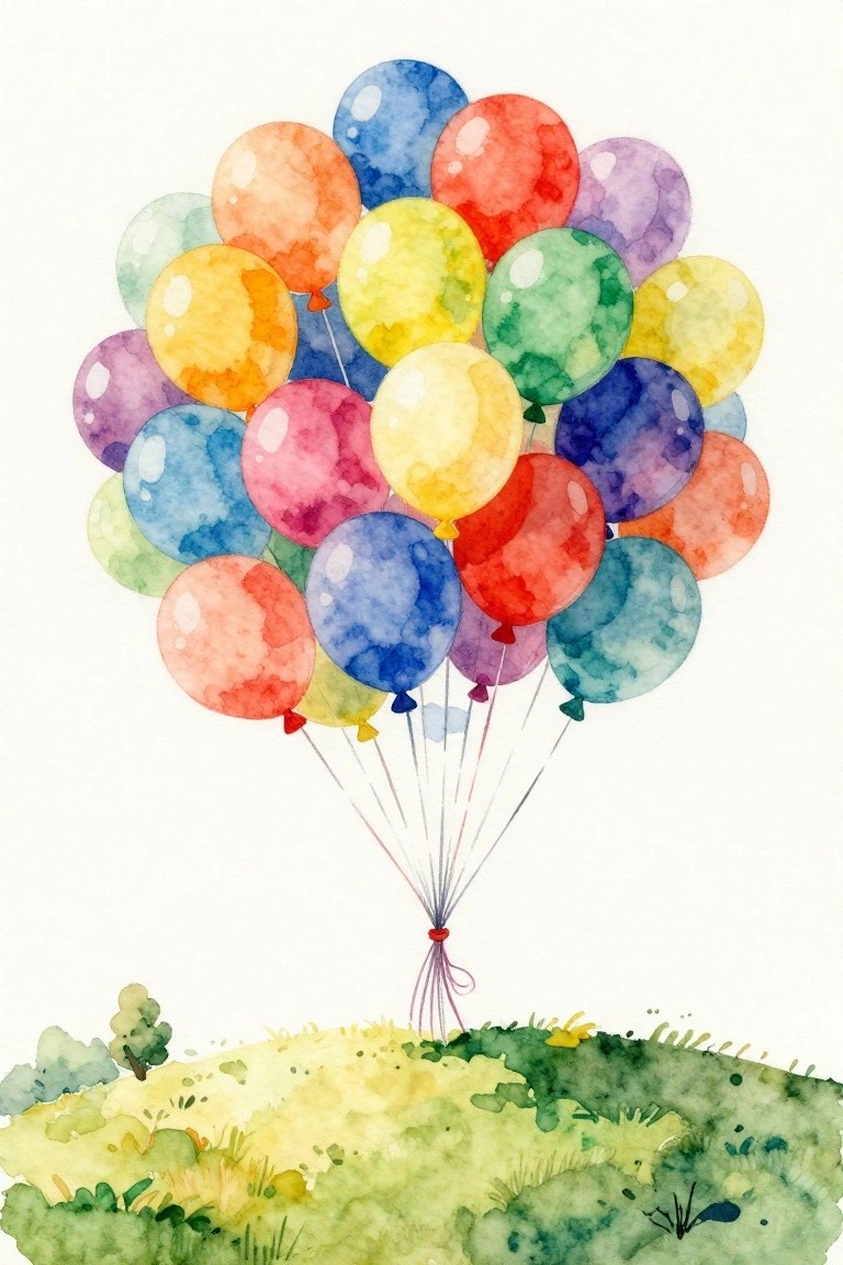 Vibrant watercolor balloons floating above a lush green hillside landscape
