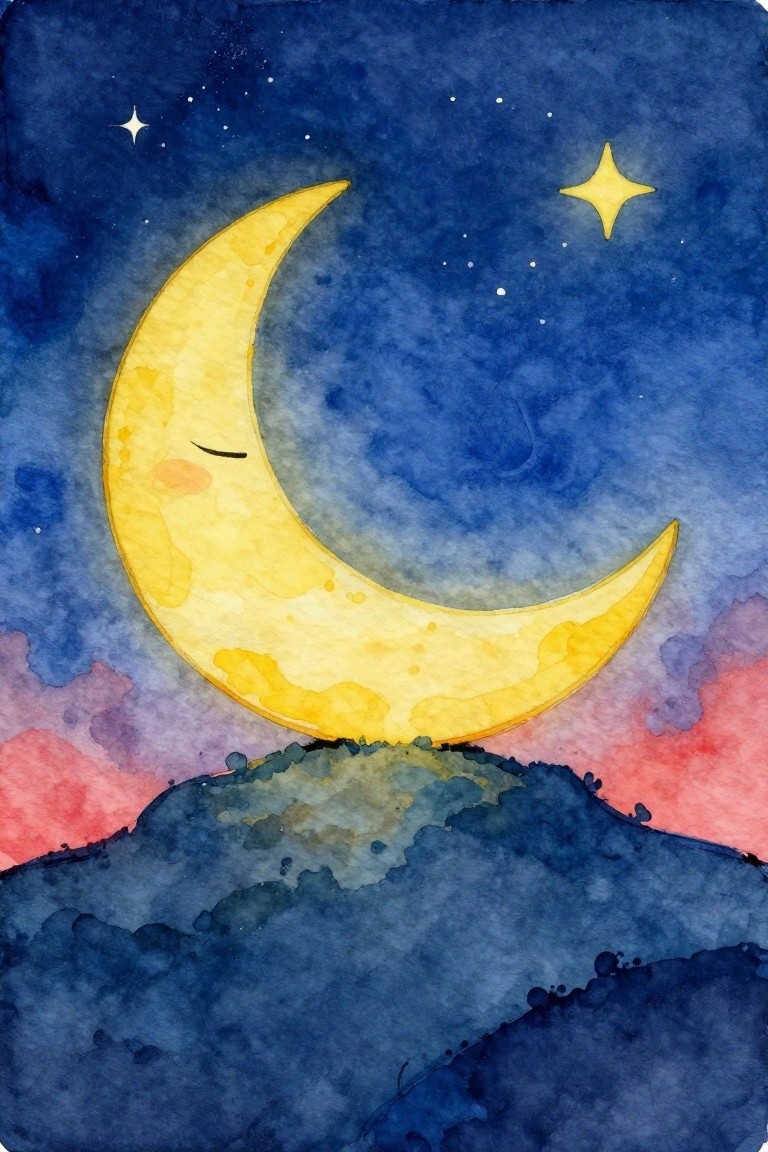 Watercolor of sleeping yellow crescent moon with face in starry blue sky over hill