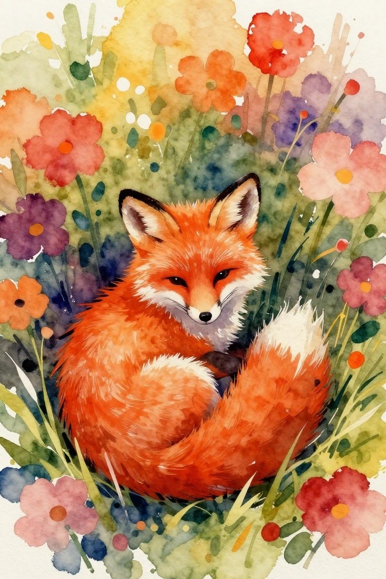 A watercolor painting of an orange fox curled up among colorful flowers and green foliage.