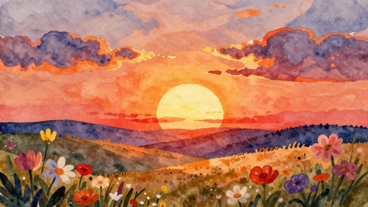 Watercolor sunset over rolling hills with colorful wildflowers in foreground