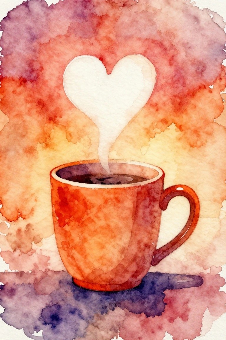 Watercolor painting of orange coffee cup with heart-shaped steam on colorful abstract background