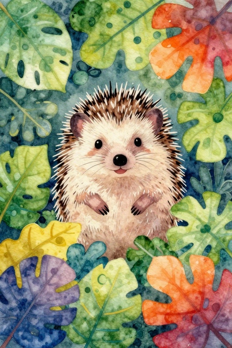 A watercolor painting of a hedgehog centered among colorful leaves in green, orange, yellow, and purple tones.