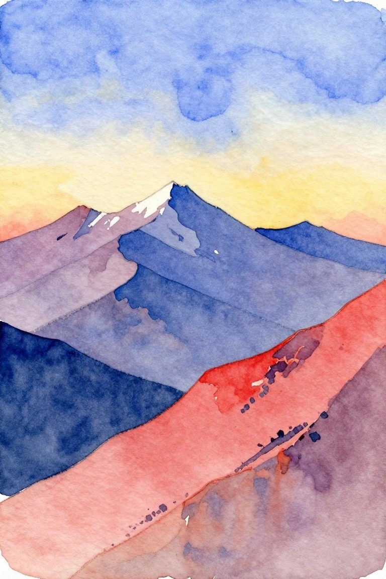 A watercolor painting of layered mountains in blue and purple tones with a red foreground and a yellow-blue sky.