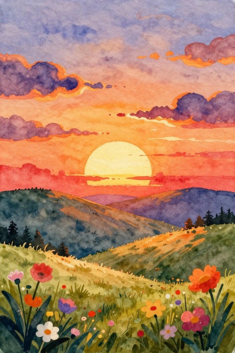 Watercolor sunset over rolling hills with colorful wildflowers in foreground