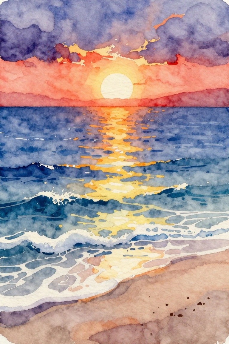 Watercolor sunset over ocean with golden sun reflection, purple clouds, waves, and sandy shore.