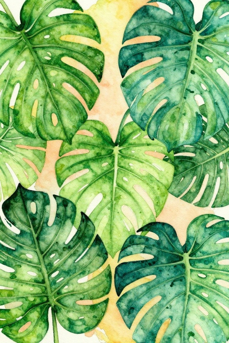 Watercolor monstera leaves in lush greens overlapping on soft peach background
