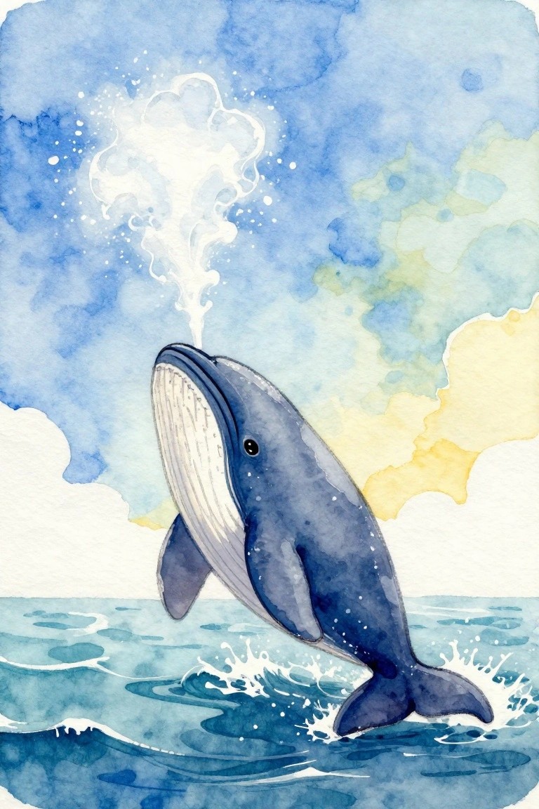 Watercolor painting of blue whale breaching ocean with water spout and cloudy sky.