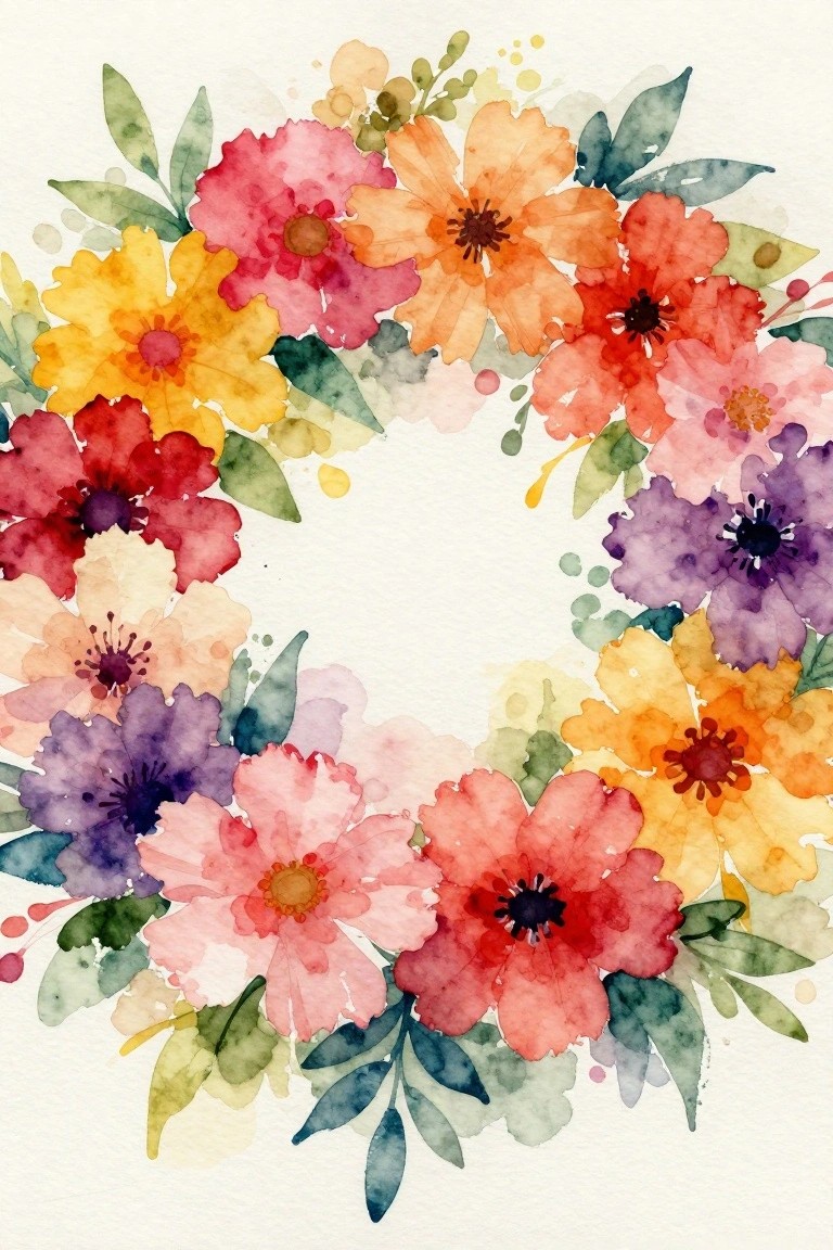 Vibrant watercolor floral wreath with pink, orange, yellow, red, and purple flowers and leaves