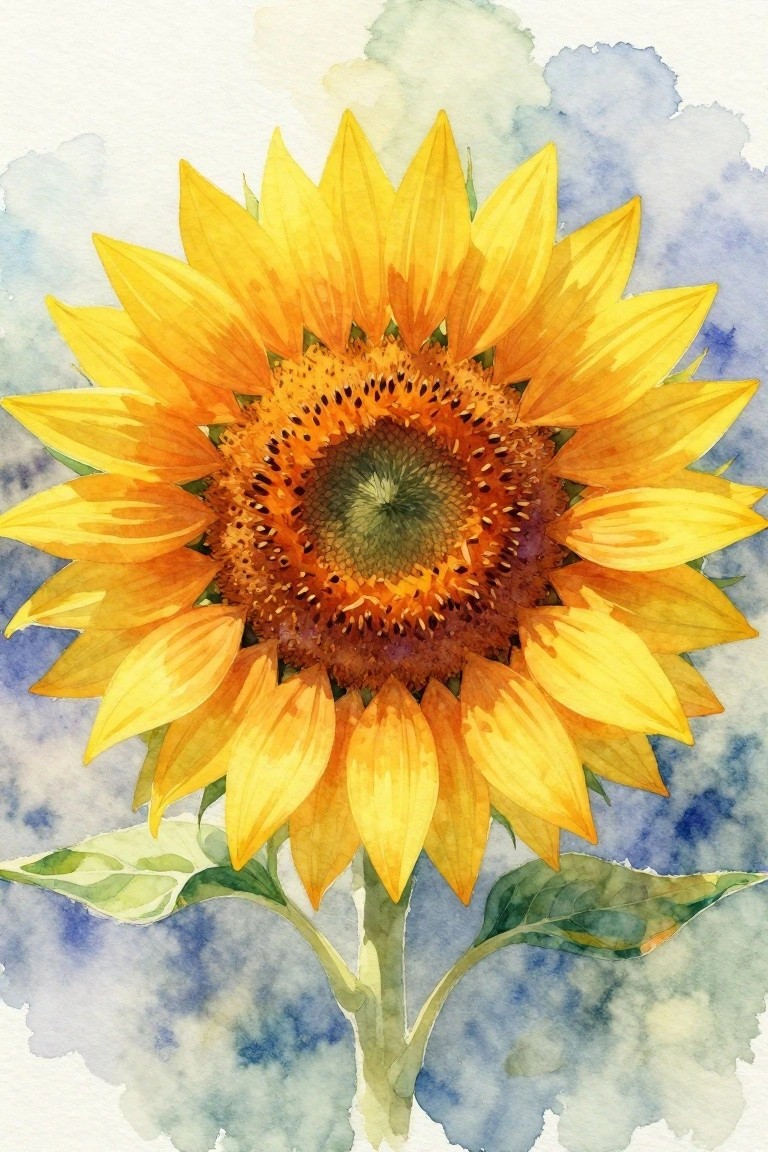 Vibrant yellow sunflower with textured center and green leaves on blue watercolor background.