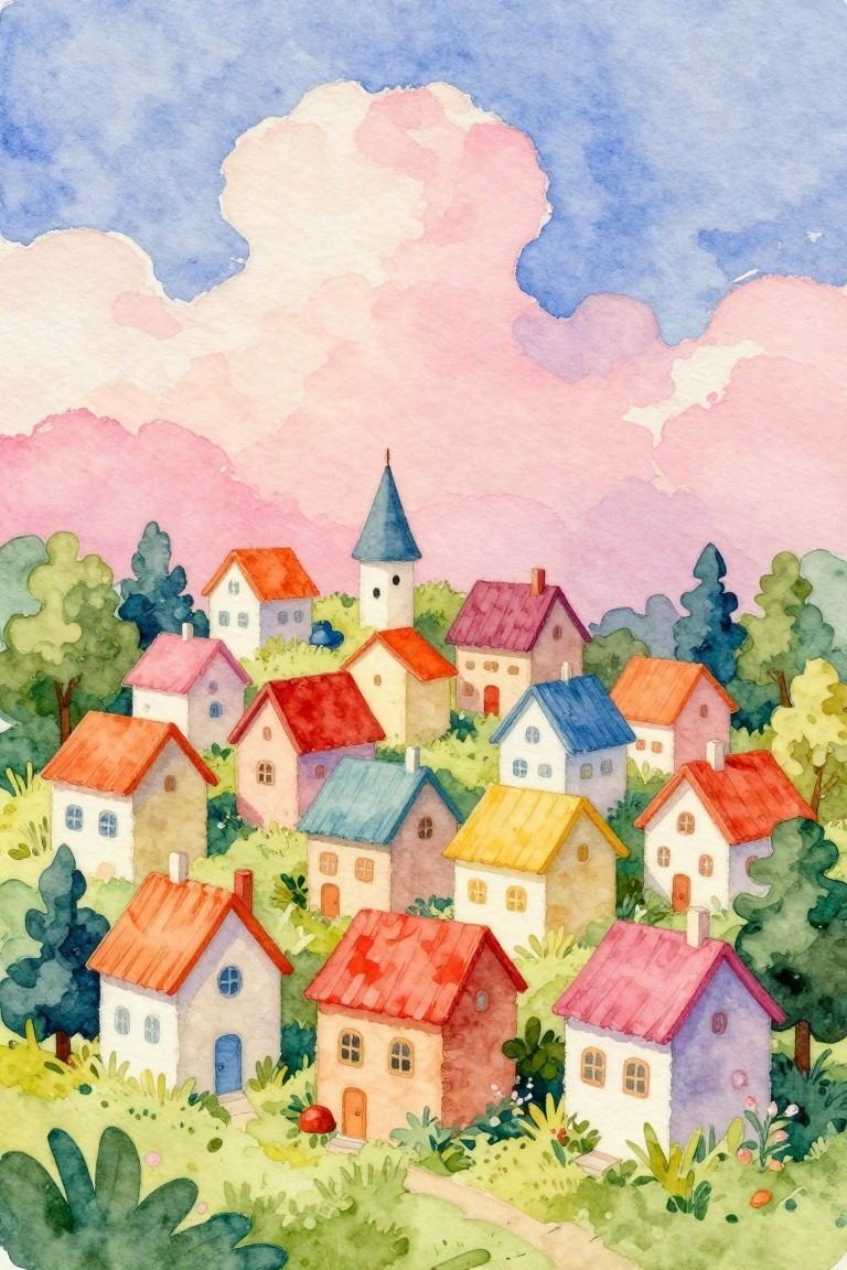 Watercolor village of colorful houses with church steeple amid green trees under pink-blue sky.