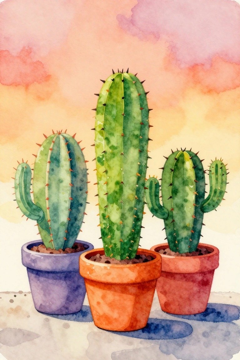 Watercolor painting of three cacti in purple, orange, and red pots with a pink and orange sky behind them.