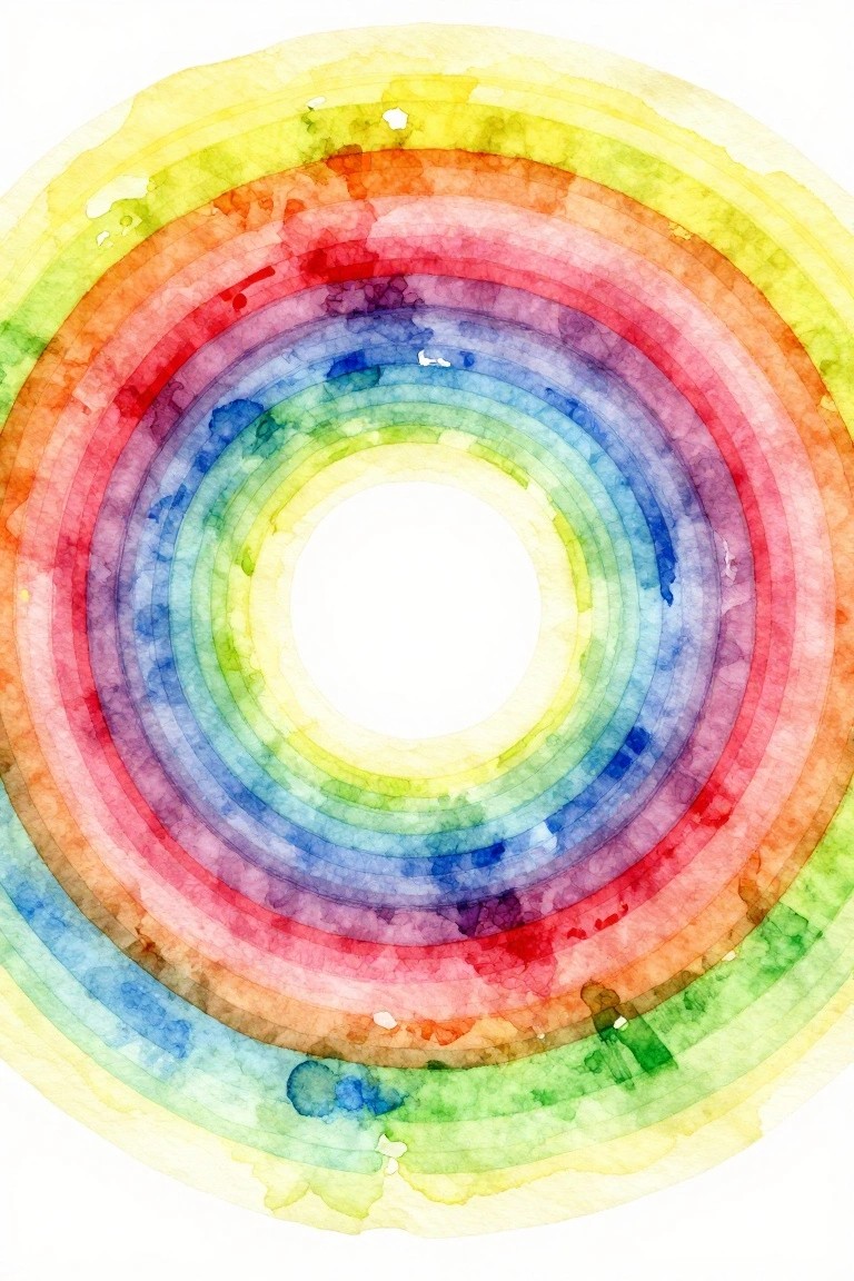 Concentric watercolor circles in vibrant rainbow hues with soft blended edges