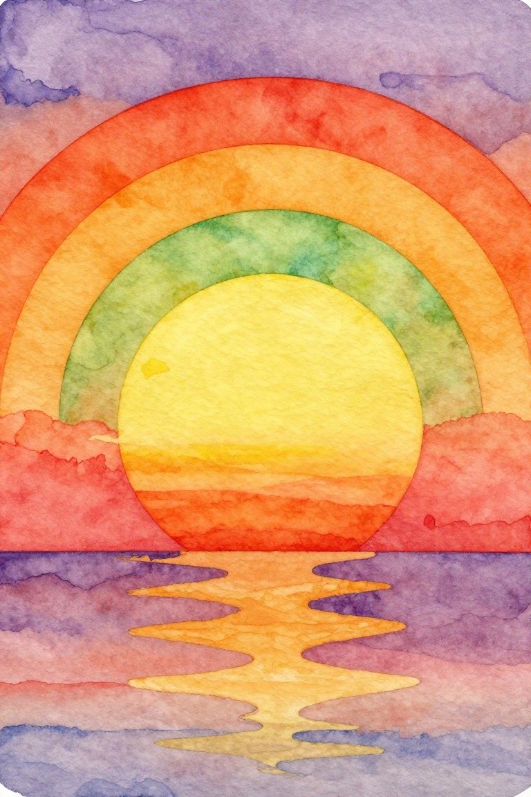 Watercolor rainbow arcs above yellow sun with orange reflection on purple water.