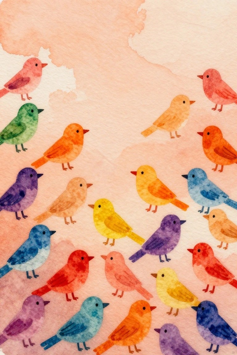 Numerous small watercolor birds in bright colors scattered across a light peach background.