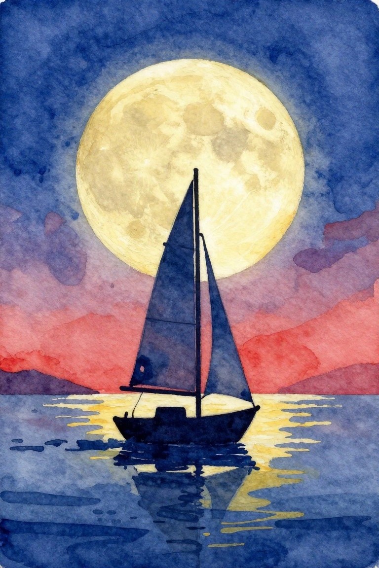 Watercolor sailboat with dark sails under glowing full moon on colorful waters