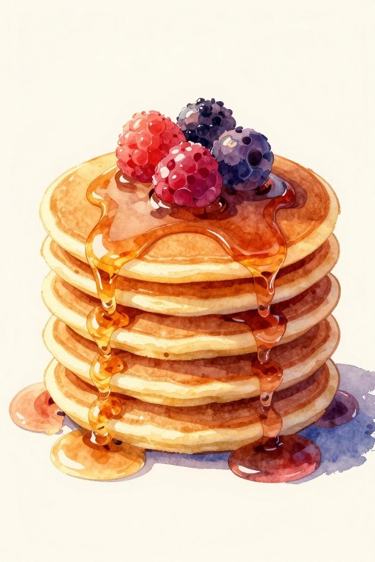 Watercolor of stacked pancakes topped with berries and dripping syrup