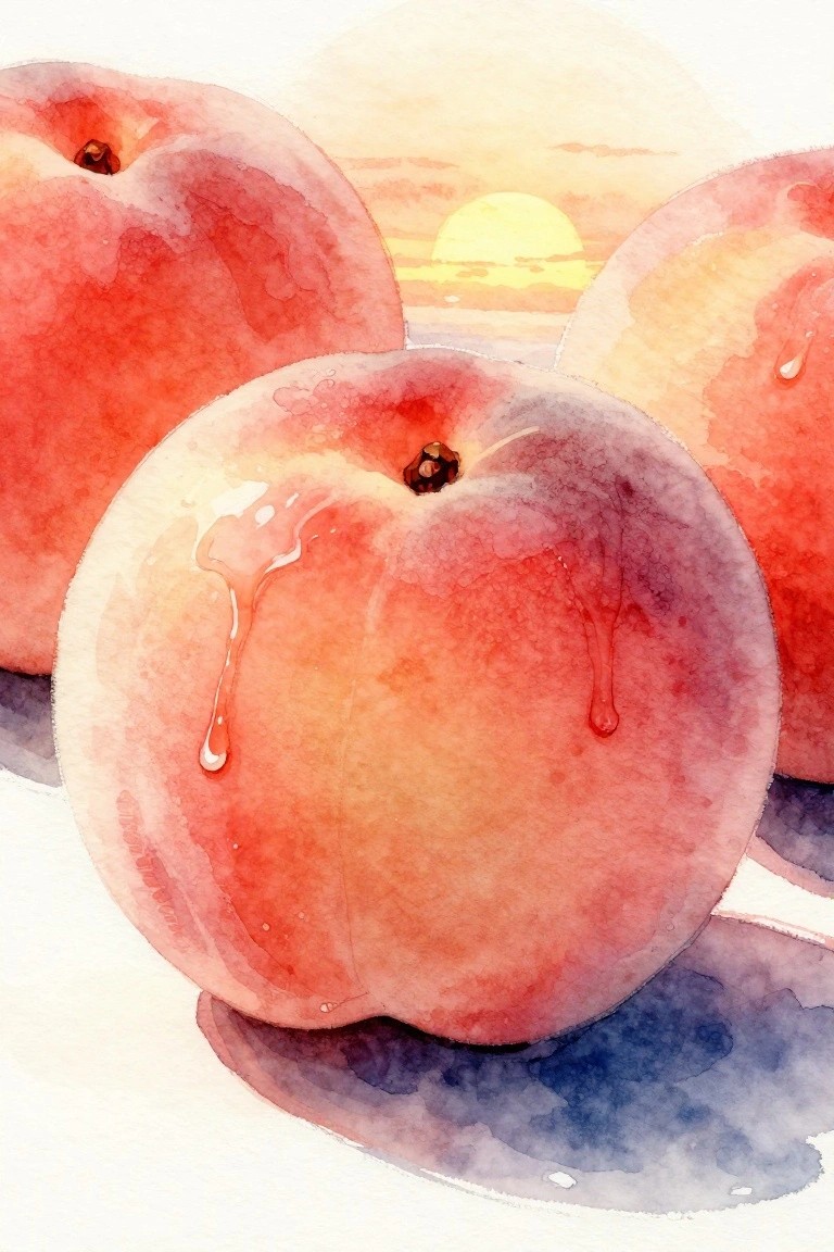 Watercolor peaches in warm reds and oranges dripping with juice at sunset.