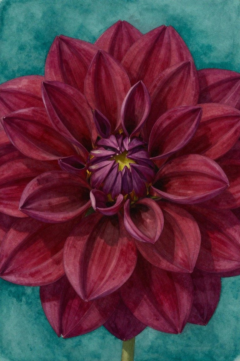 A detailed painting of a deep red dahlia with many layered petals centered on a teal background.