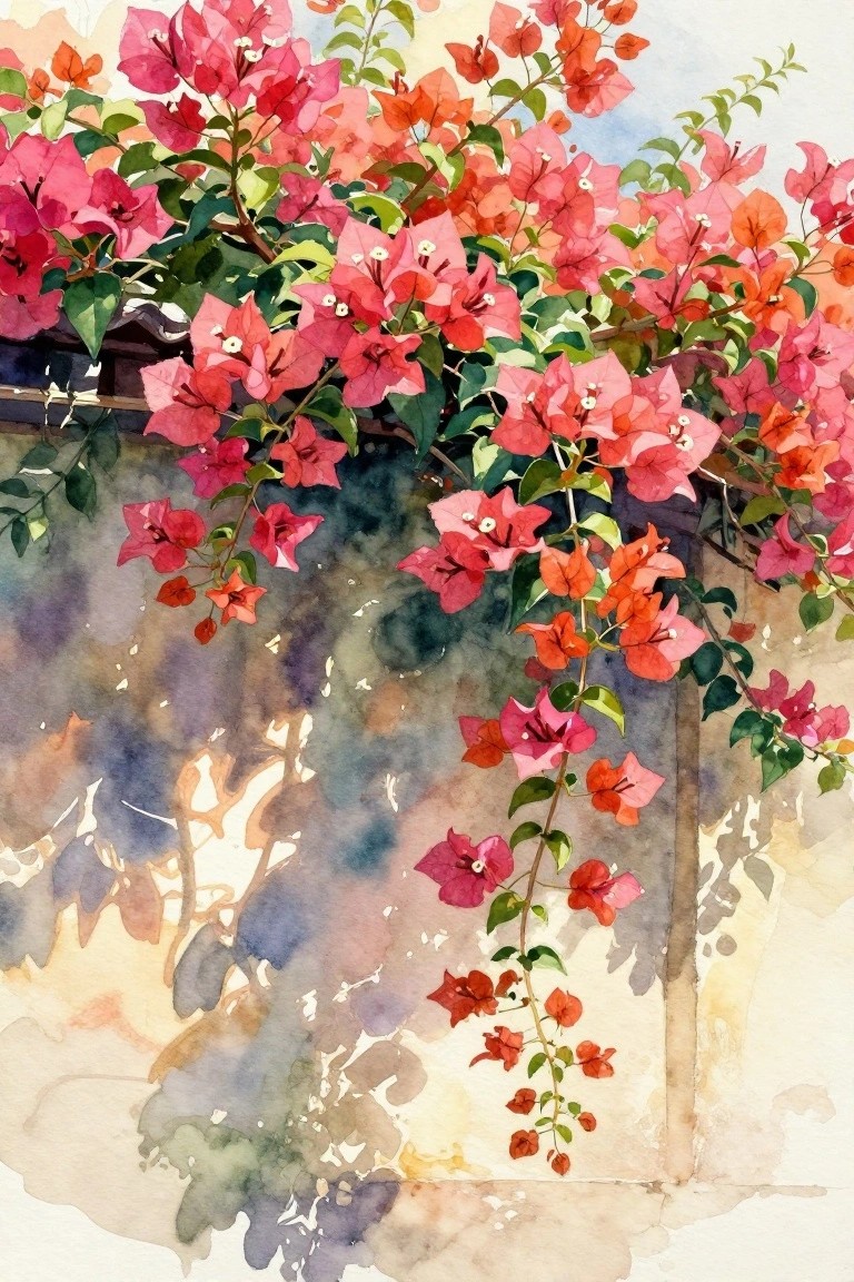 Watercolor of vibrant pink, red, and orange bougainvillea cascading over a wall.