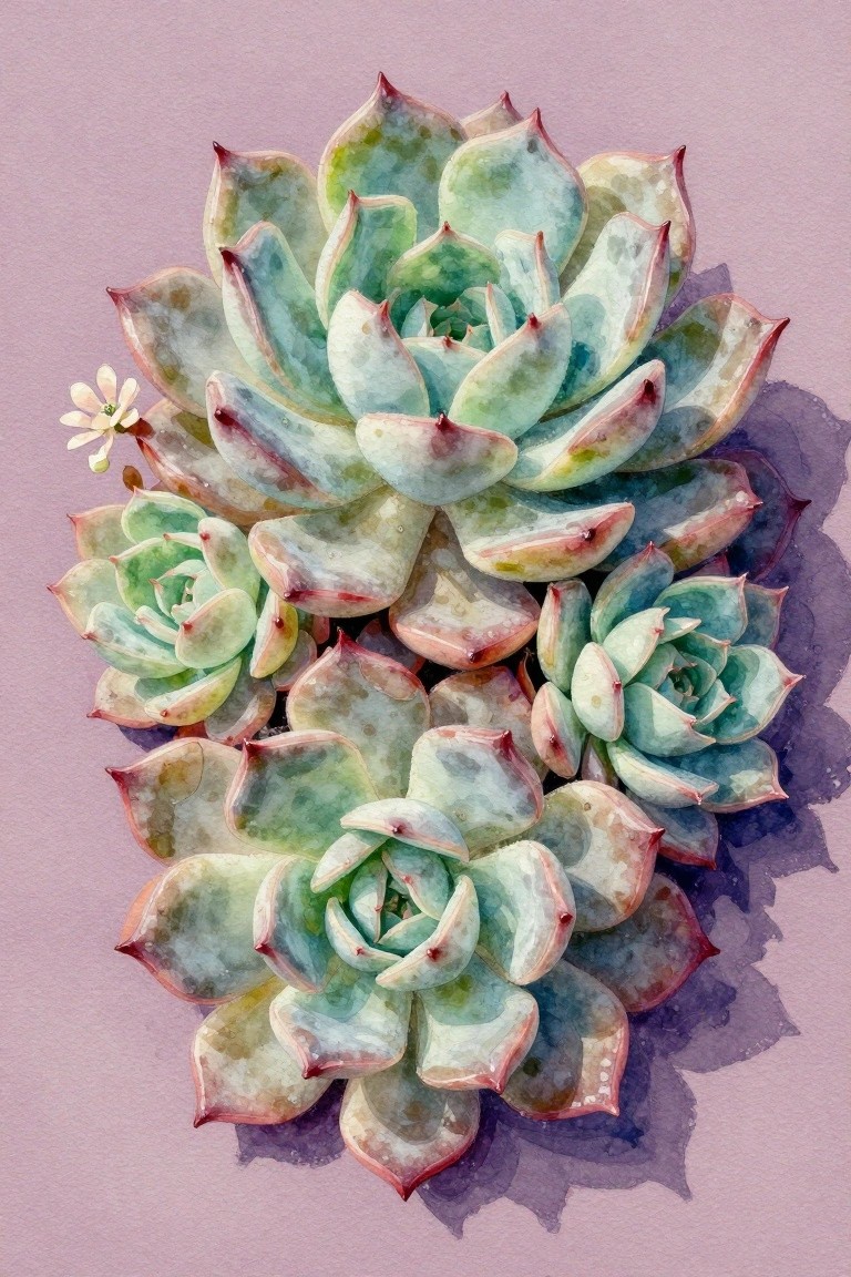 Watercolor succulents with green leaves and red edges on purple background