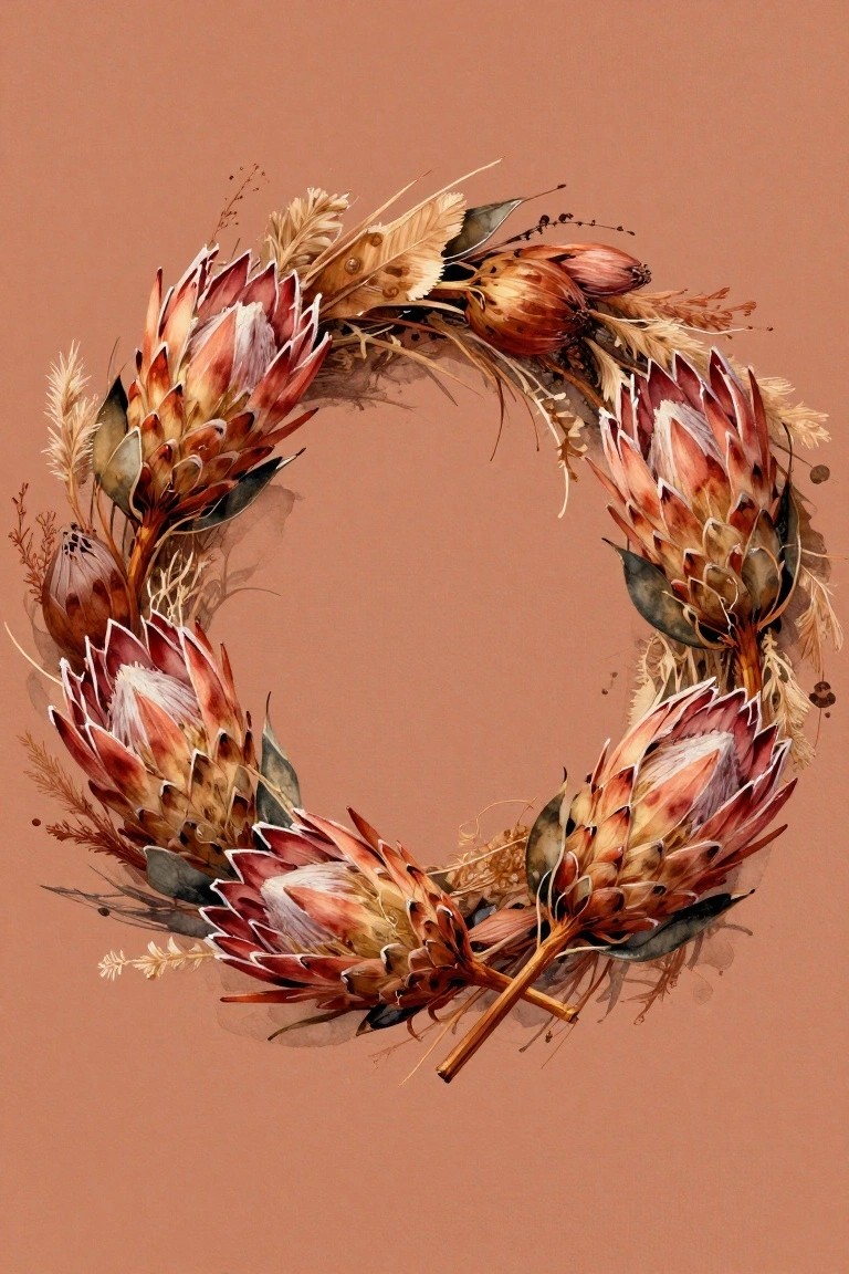 A circular wreath of protea flowers, dried leaves, grasses, and seed pods in pink and brown tones on a solid terracotta background.