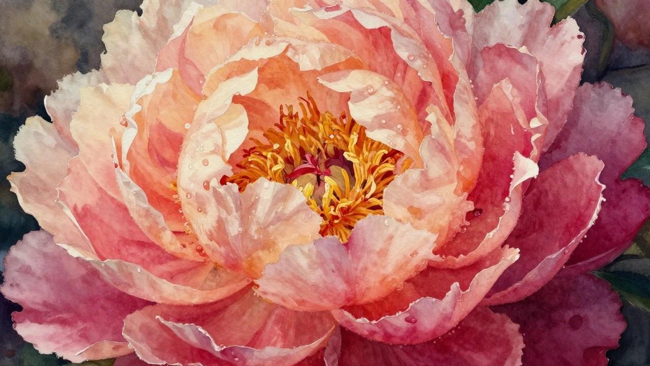 Watercolor peony in soft pink and peach with yellow stamens and dew drops