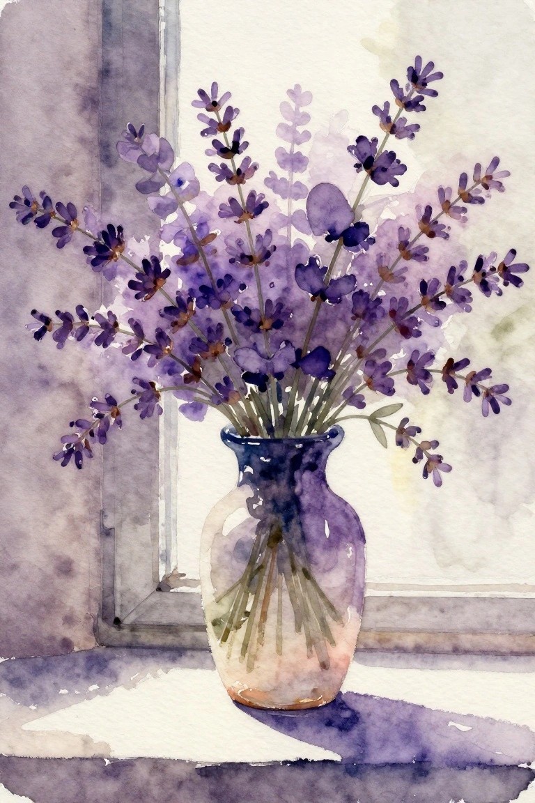 Watercolor of purple lavender bouquet in blue vase on windowsill.