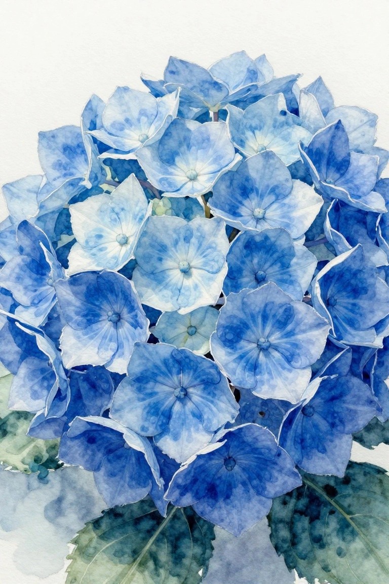 Watercolor painting of clustered blue hydrangea blooms with green leaves below