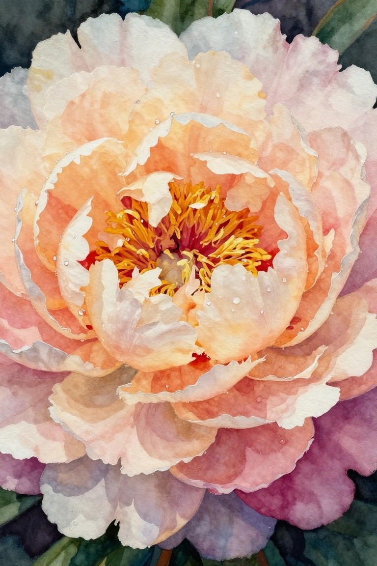 Watercolor peony in soft pink and peach with yellow stamens and dew drops