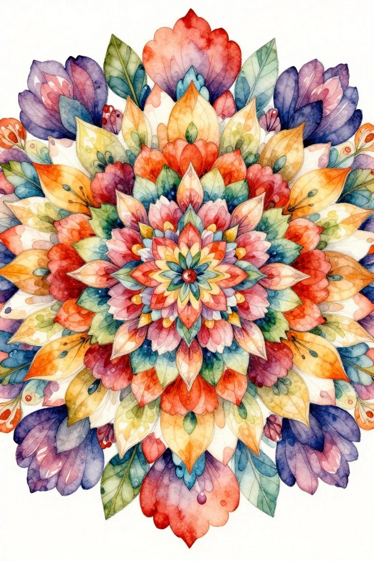 A circular mandala painting of layered flower petals and leaves in watercolor style with rainbow colors from red and orange near the center to purple and blue on the outer edges.