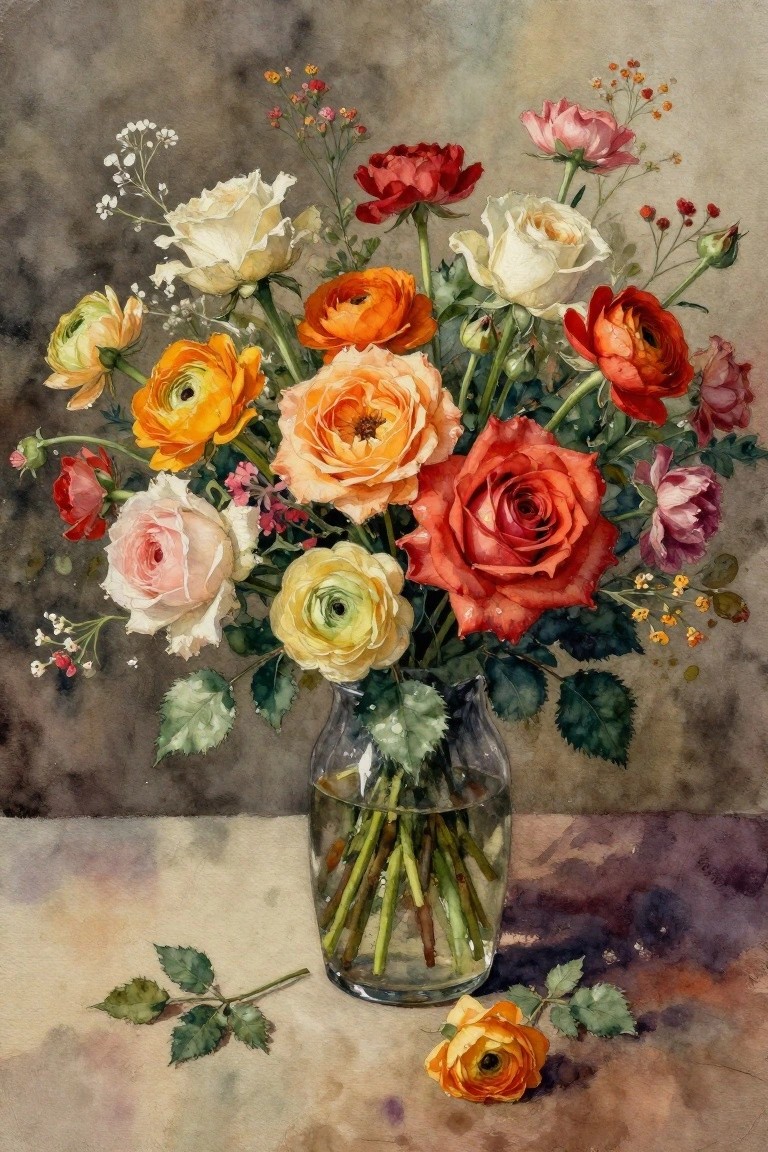 A watercolor painting of a bouquet of colorful roses and ranunculus in a glass vase on a table with a few loose flowers nearby.
