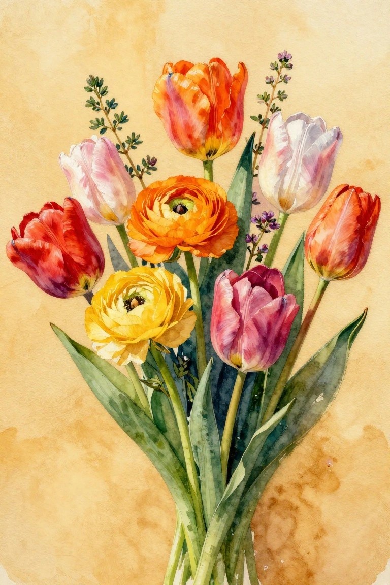 A watercolor-style painting of a bouquet with red, orange, yellow, pink, and white tulips and ranunculus mixed with green leaves on a beige background.