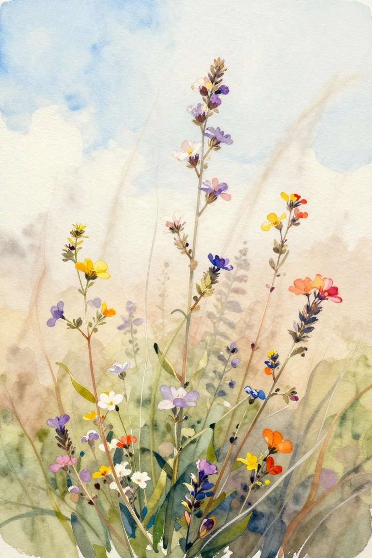 Vibrant watercolor wildflowers in purple, yellow, blue, and orange against a cloudy sky