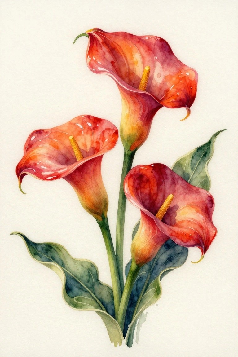 Three red-orange calla lilies with green leaves in vibrant watercolor style.
