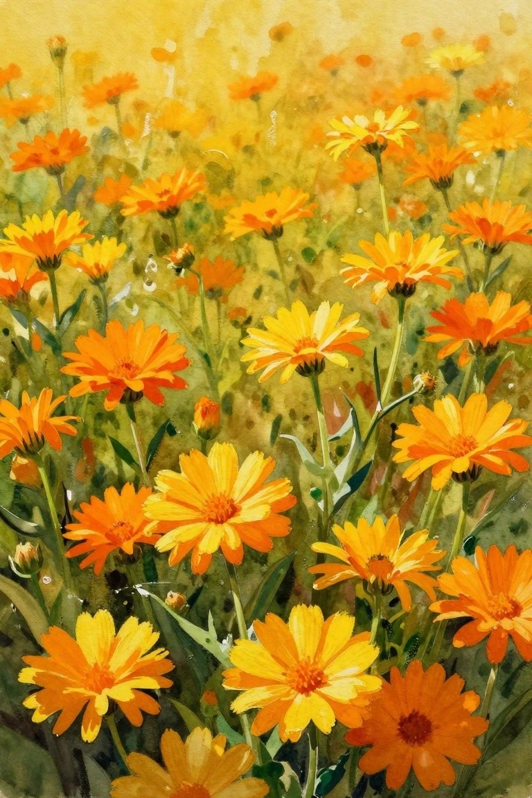 A watercolor-style painting filled with many orange and yellow daisy-like flowers on green stems against a soft yellow background.